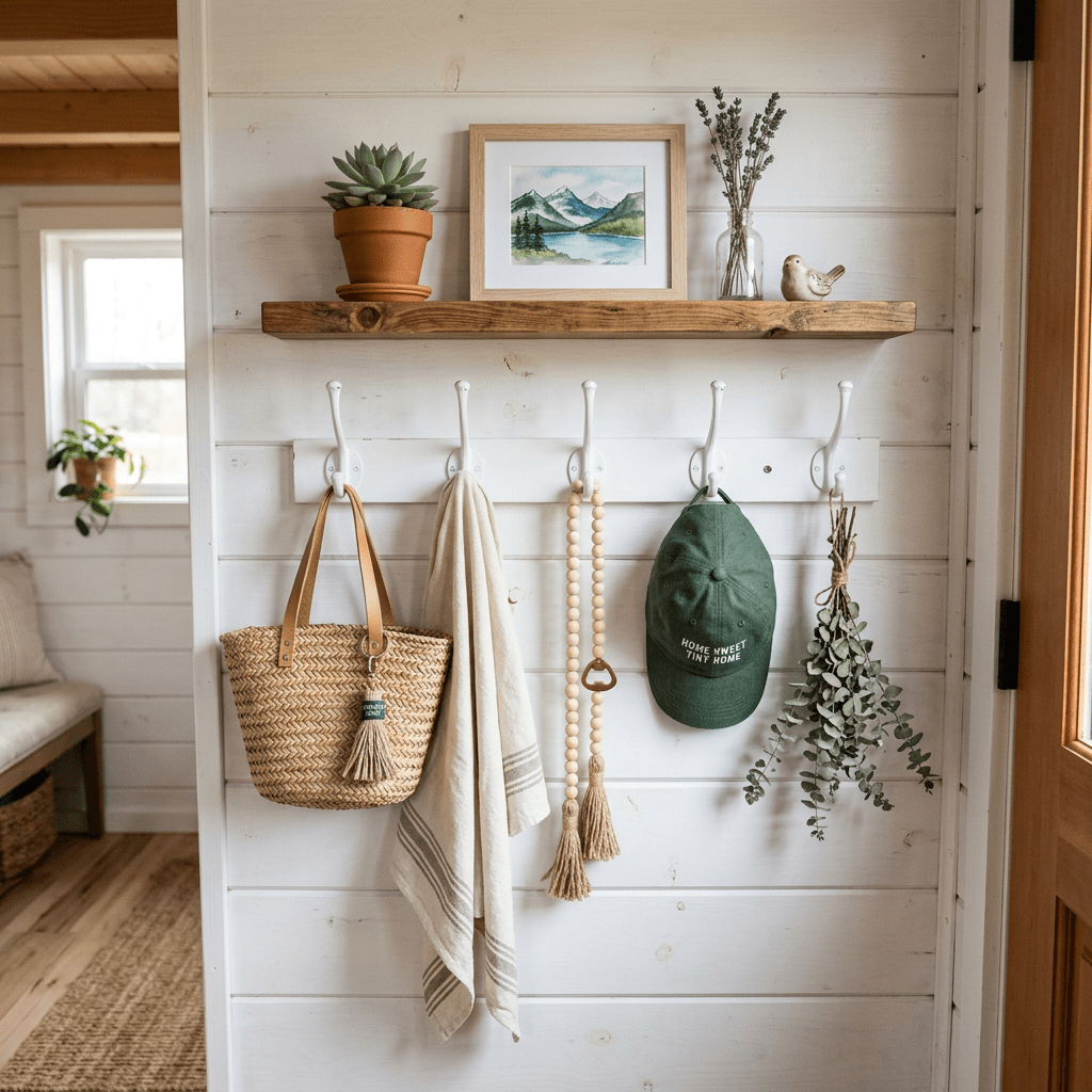 Wall hooks holding a woven bag, towel, bead string with tassels, green hat, and eucalyptus branch under a wooden shelf with a potted succulent, framed mountain watercolor, dried flowers, and ceramic bird