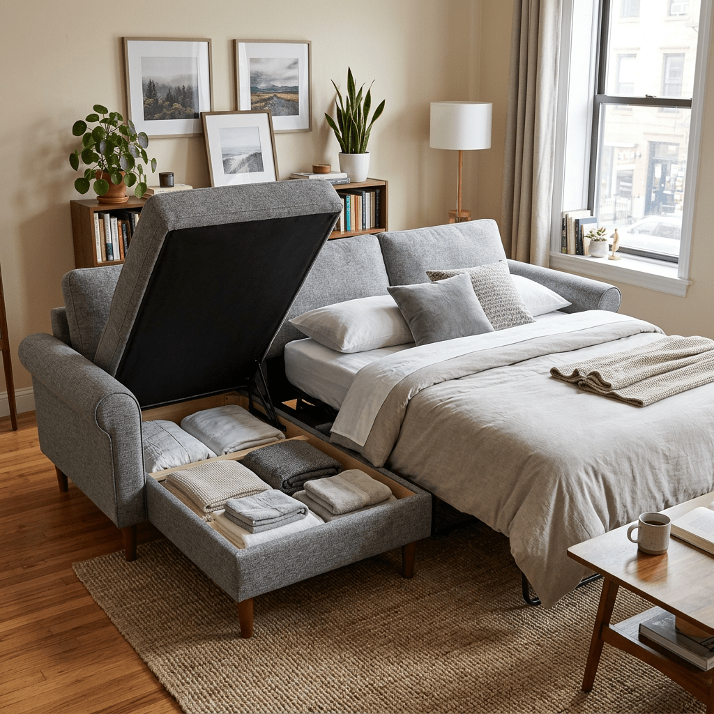 Gray sofa bed unfolded with cushions and under-seat storage containing folded blankets and towels