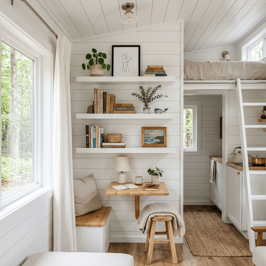 Minimalist tiny home interior with built-in shelves, a small table, stool, and lofted bed