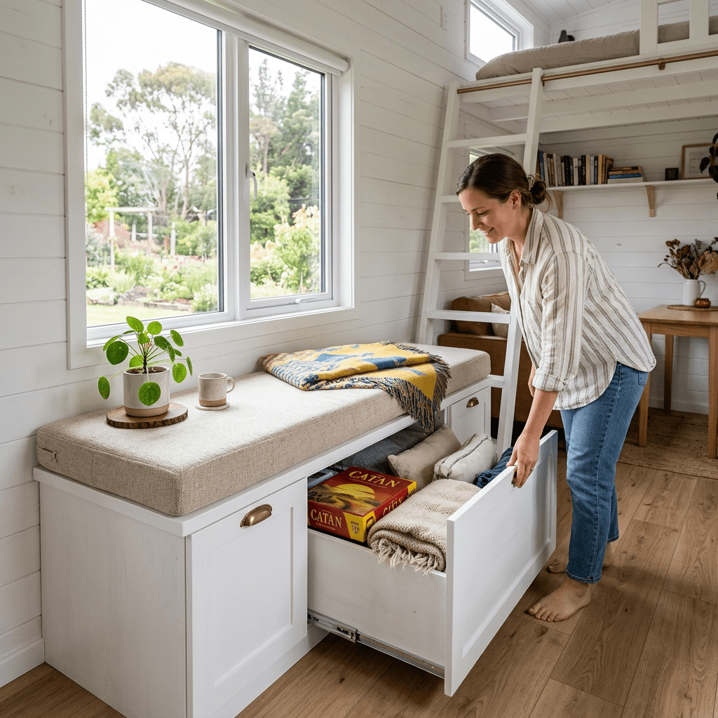 Woman opening storage drawer with blankets and board game in tiny home