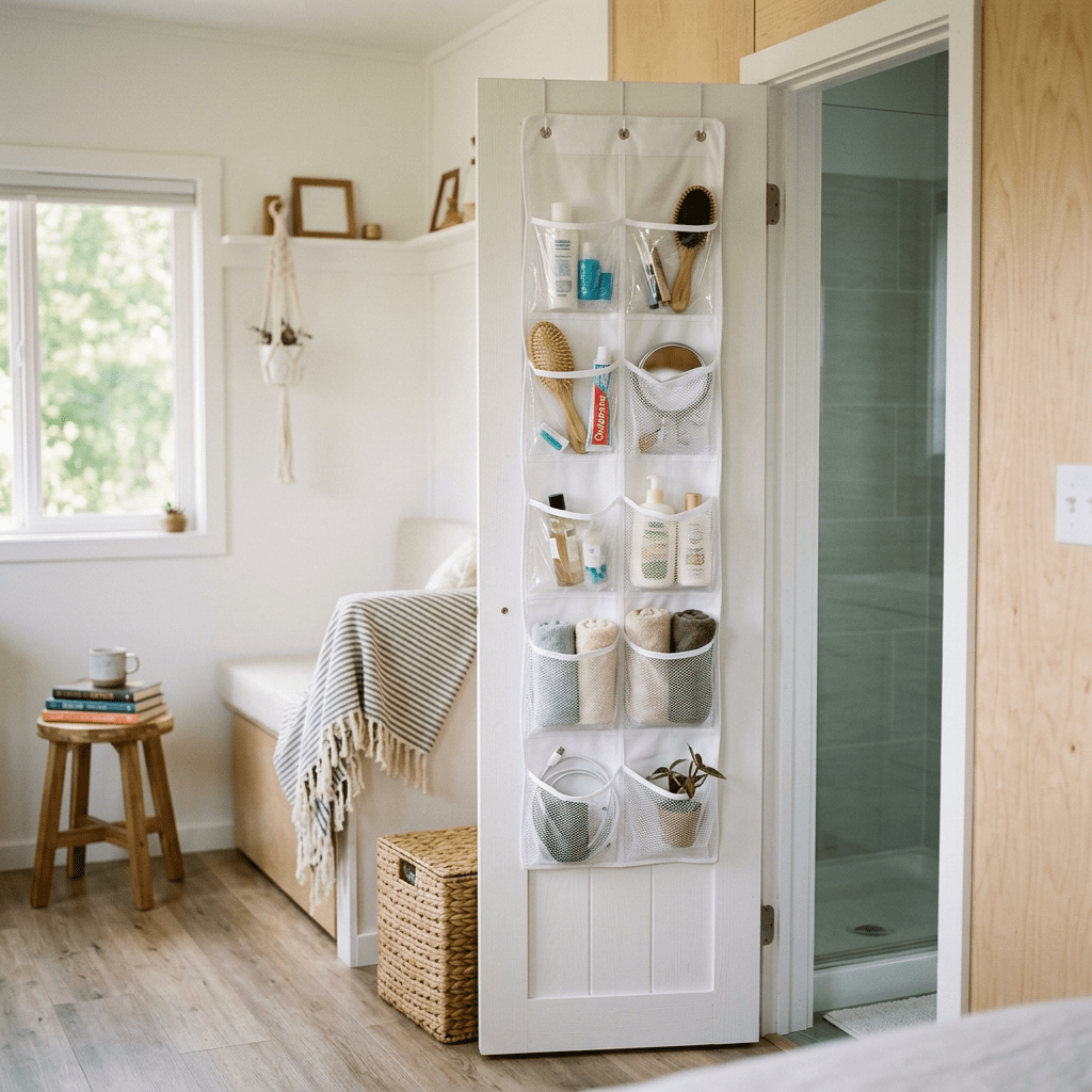 White over-the-door organizer with bathroom items and rolled towels