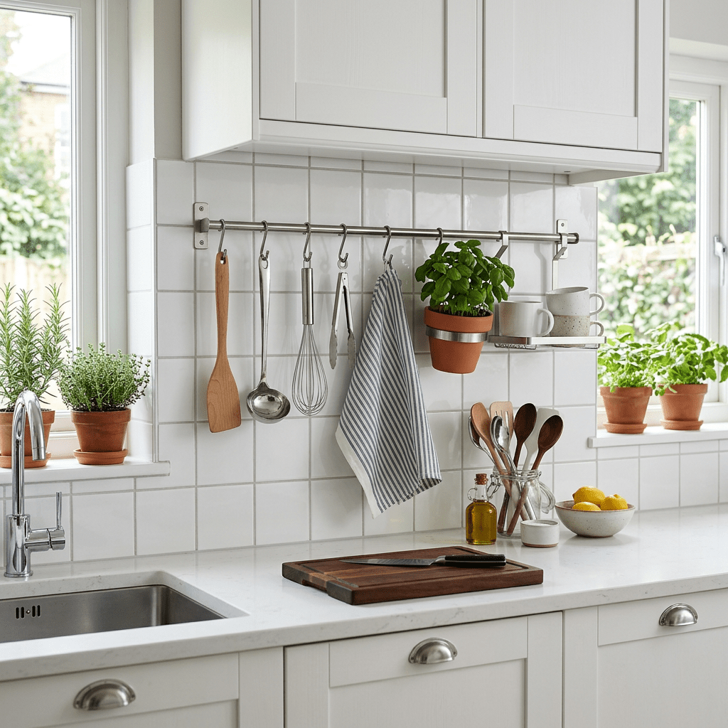 Kitchen counter with hanging utensils, herb plants in pots, and lemons in a bowl