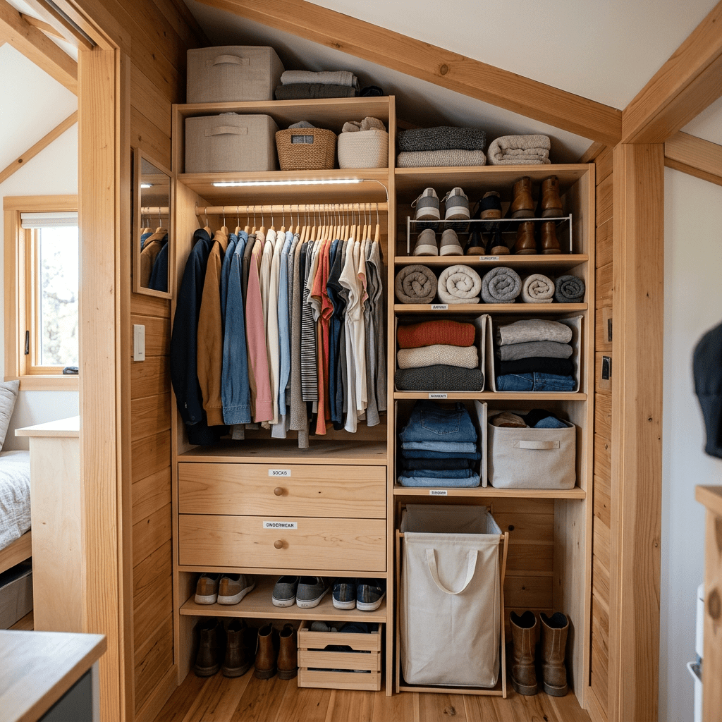 Wooden wardrobe with hanging clothes, folded sweaters, shoes, and storage bins