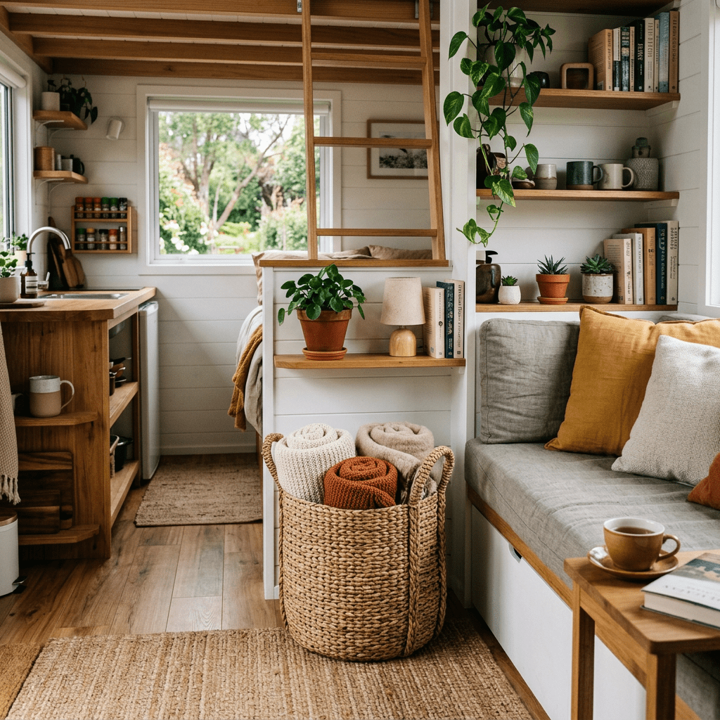 Cozy tiny home interior with wooden kitchen, couch, baskets, plants, and pillows