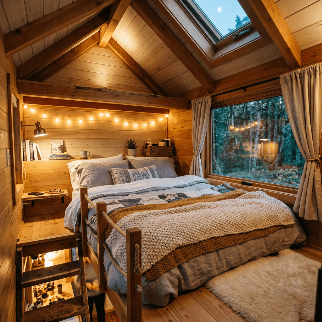 Cozy loft bedroom with wooden walls, bed, string lights, skylight, and large window showing forest