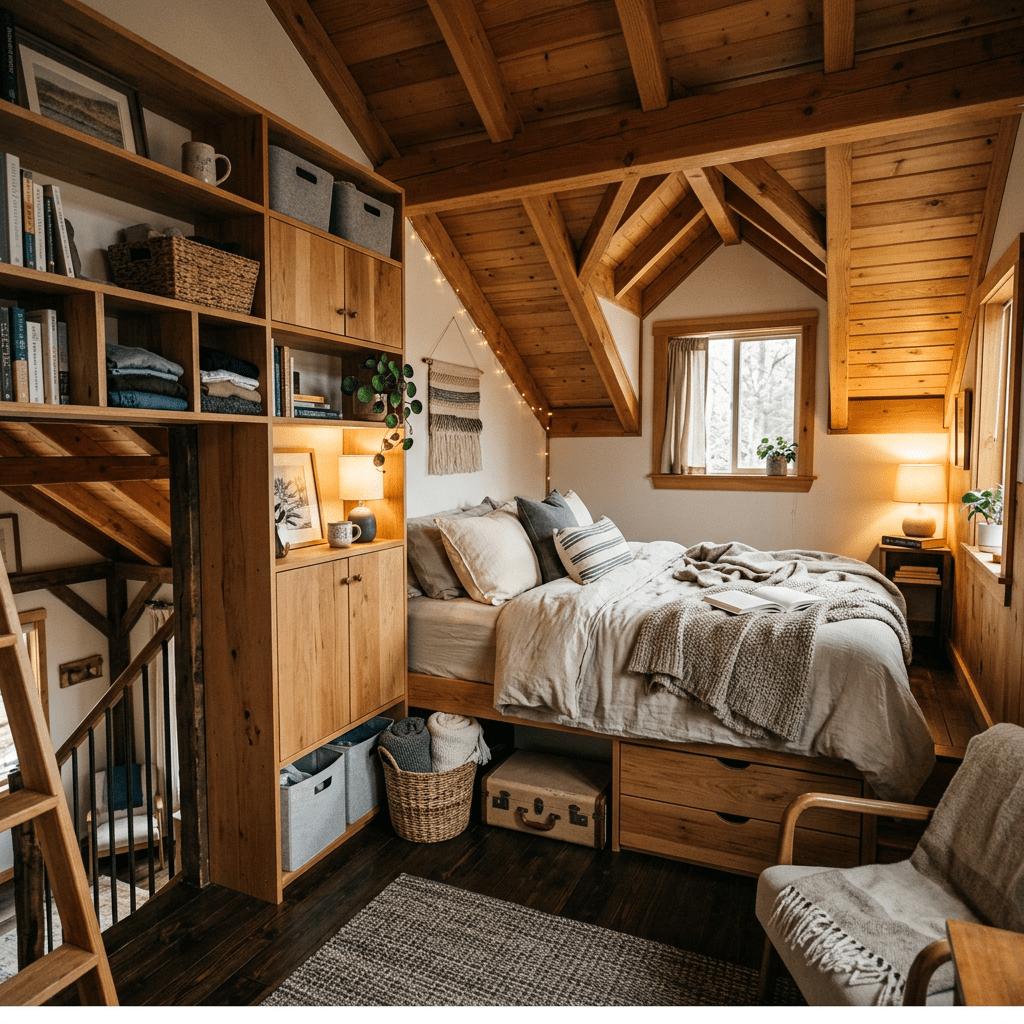 Attic bedroom with wooden ceiling beams, cozy bed, shelves, and soft lighting