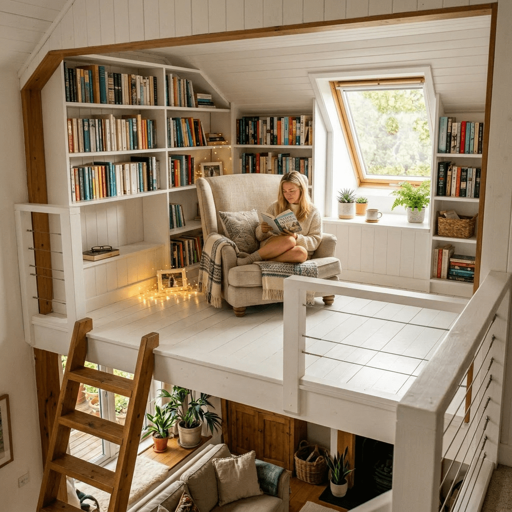 Woman reading a book on a bed in a loft with white bookshelves and a window