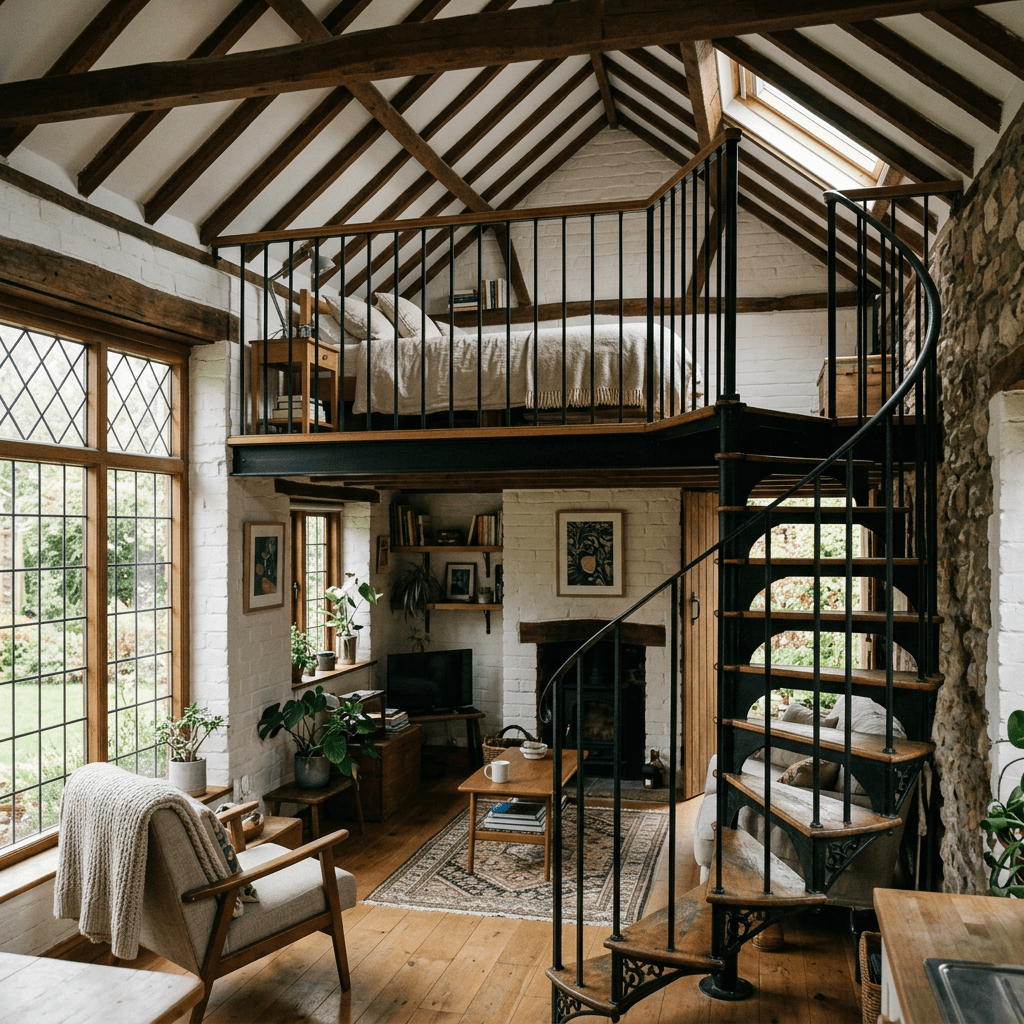 Loft bedroom with bed and railing above spiral staircase in cozy living room