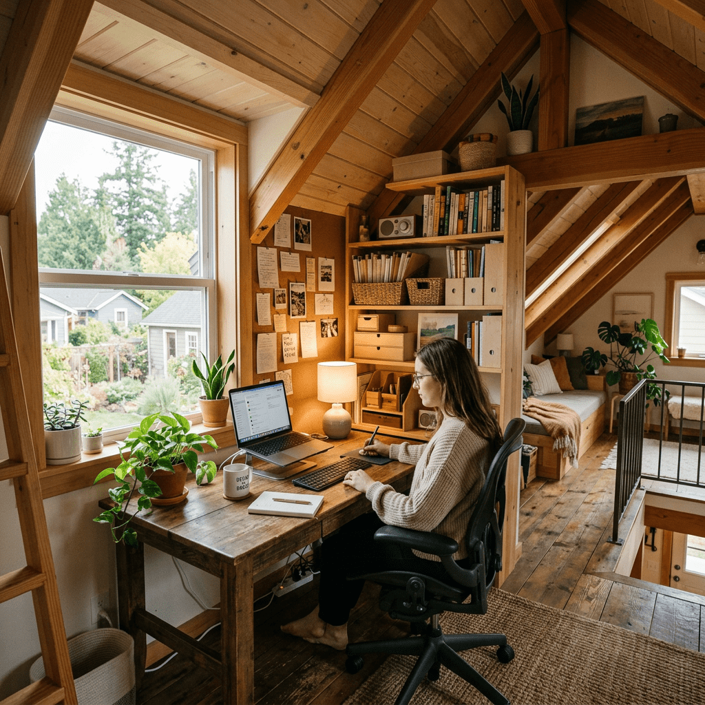 Woman working at a wooden desk with laptop and plants in a cozy attic home office
