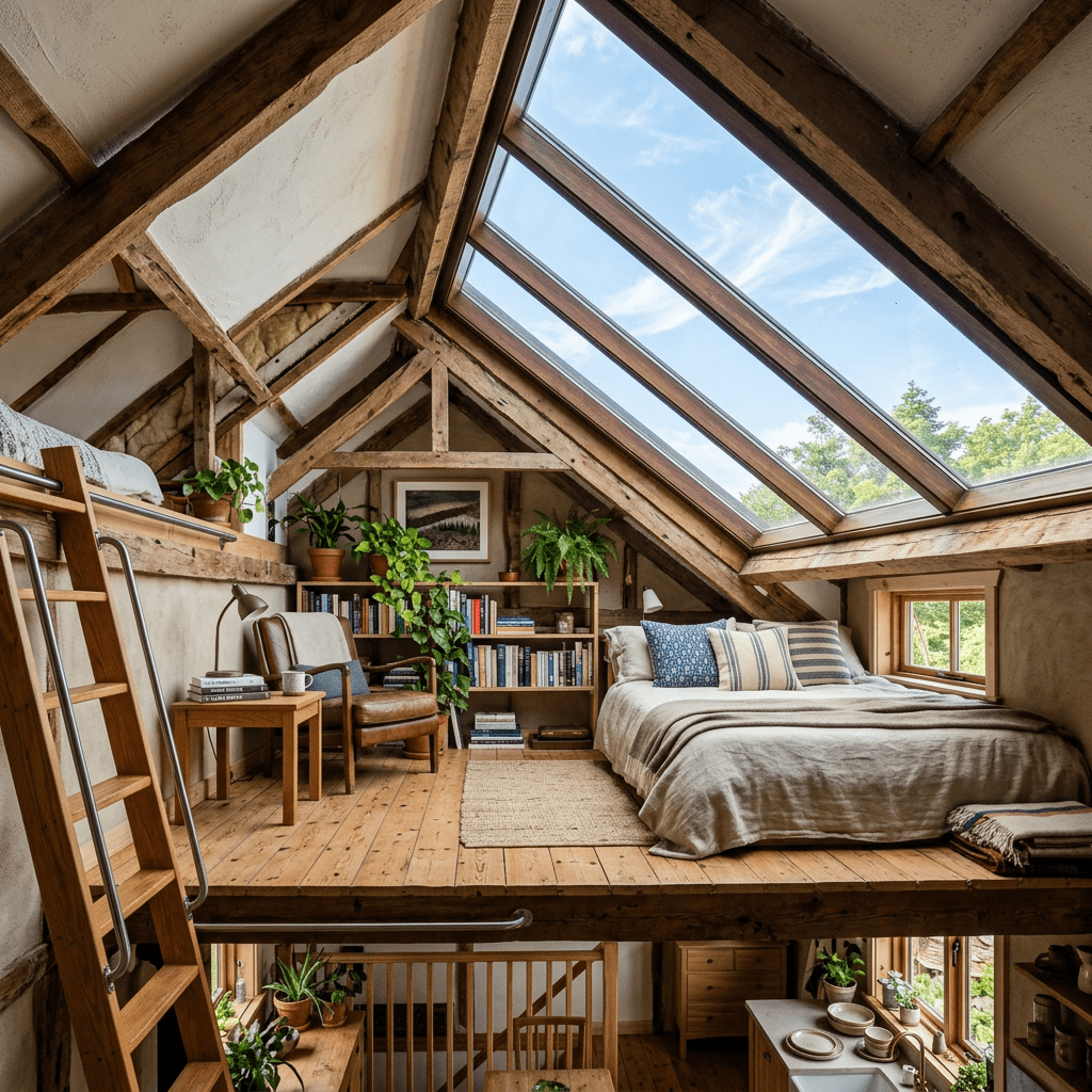 Loft with large skylight in small house