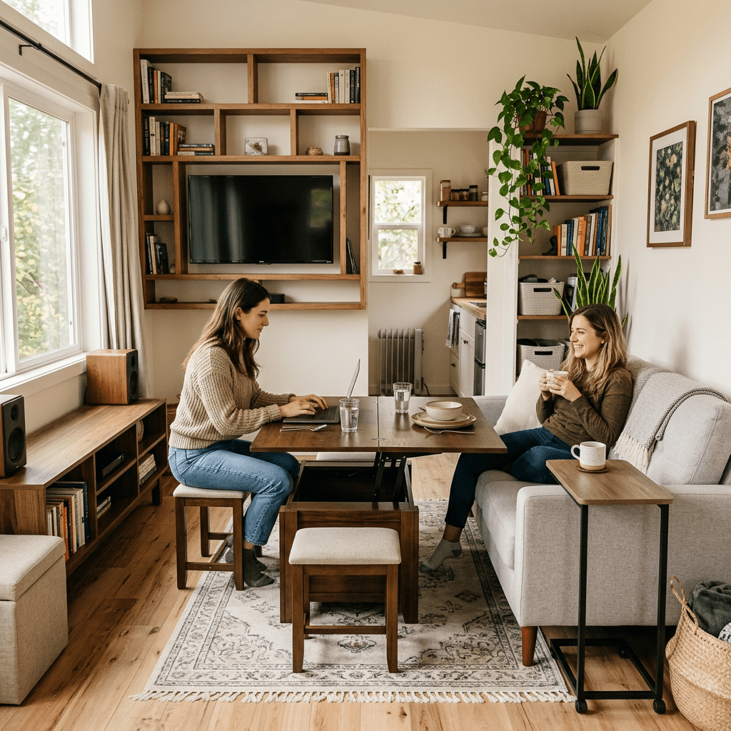Two women in a cozy living room, one working on a laptop and the other drinking from a mug