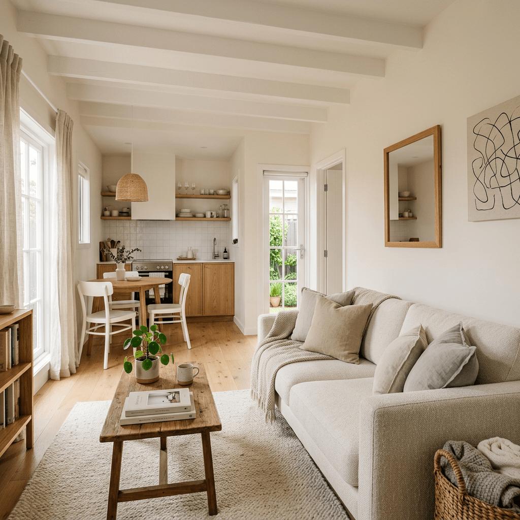 Minimalist living room with beige sofa and wooden coffee table next to compact kitchen
