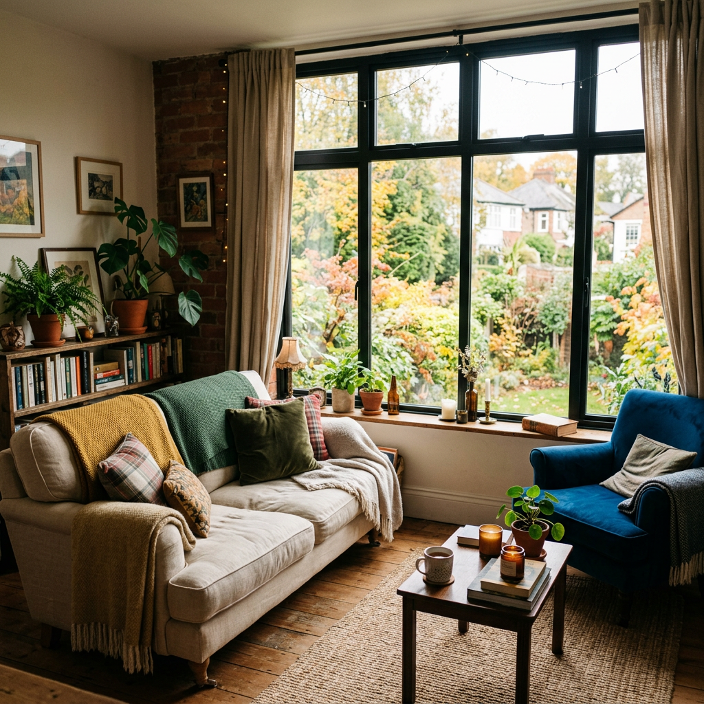 Large windows in cozy small living room