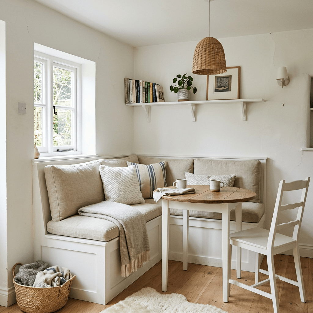Cozy corner nook with beige cushions, wooden table, and chair
