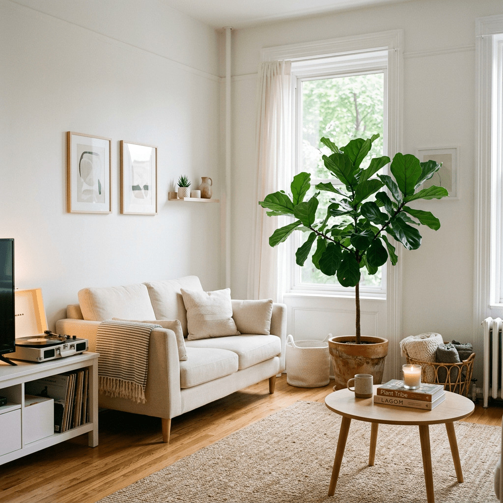 Cozy living room with beige sofa, wooden coffee table, large potted plant, and wall art