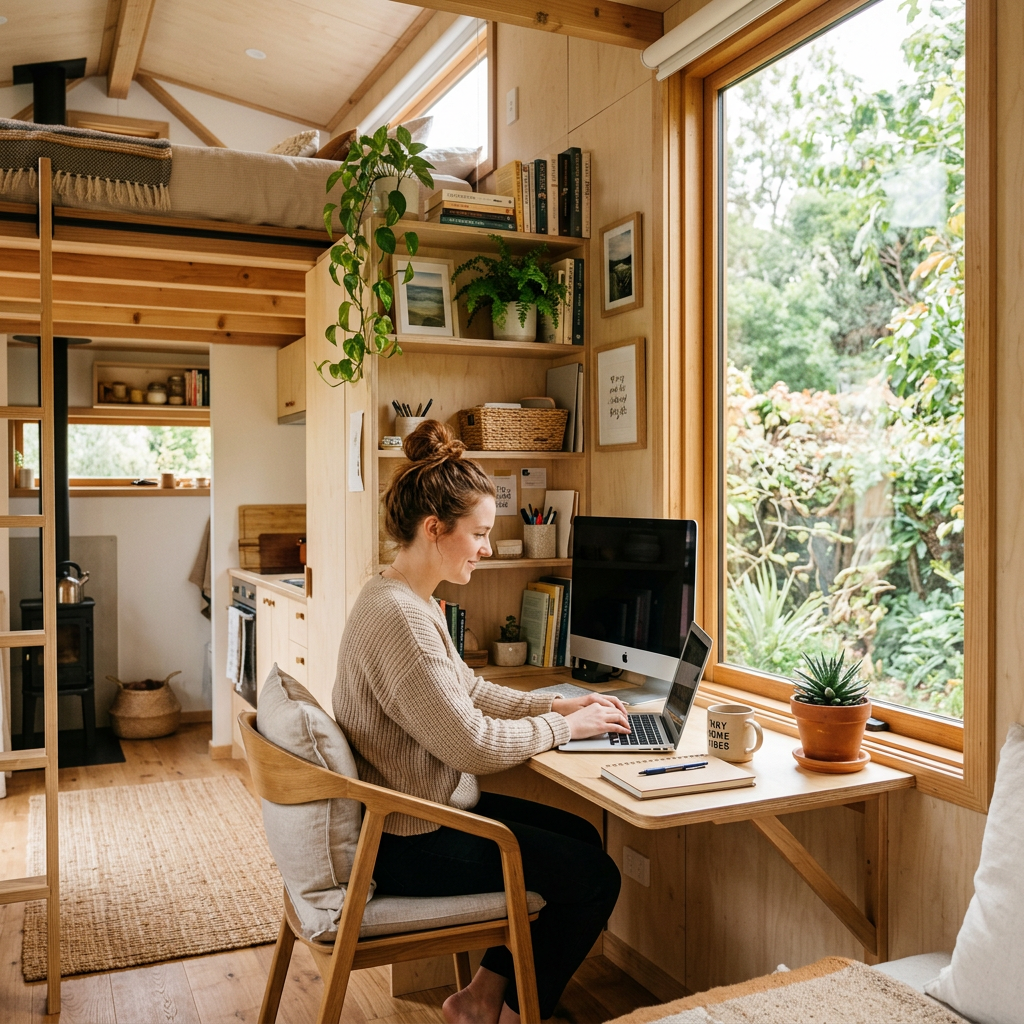 Woman typing on laptop at wooden desk by large window with plants and books