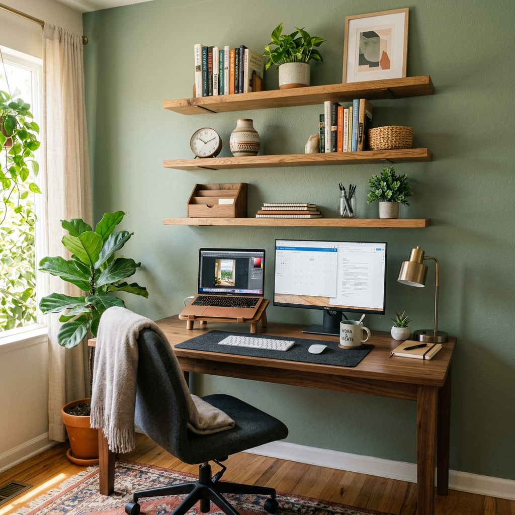 Home office desk with laptop, monitor, keyboard, plants, and wooden shelves with books and decor.