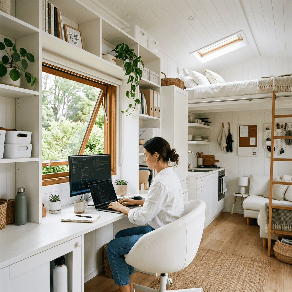 Woman typing on laptop at desk with secondary monitor in tiny home office
