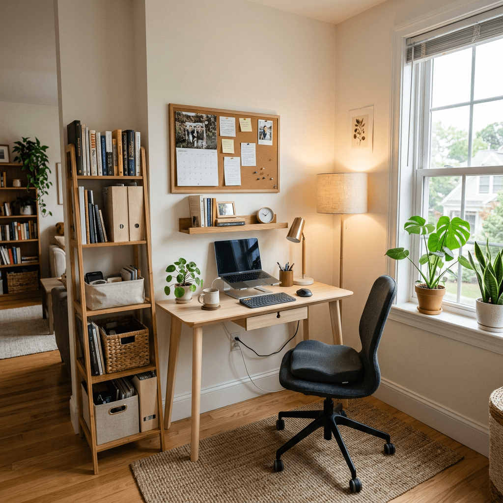 Home office desk with laptop, chair, corkboard, books, plants, and lamp