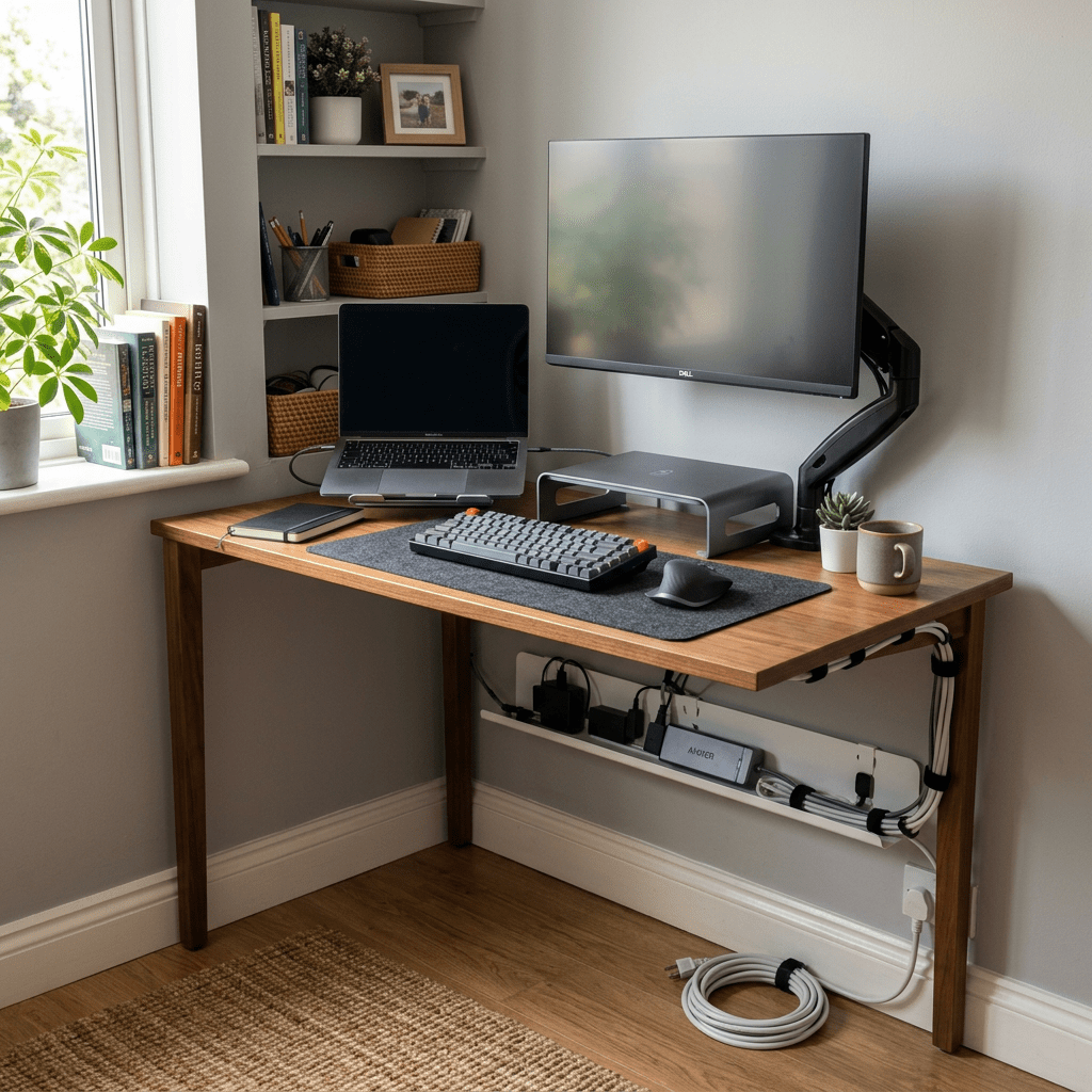 Home office desk with laptop, mounted monitor, keyboard, mouse, plants, and organized cables