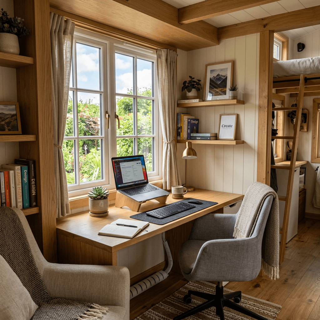 Home office desk with laptop, chair, notebook, and view through window