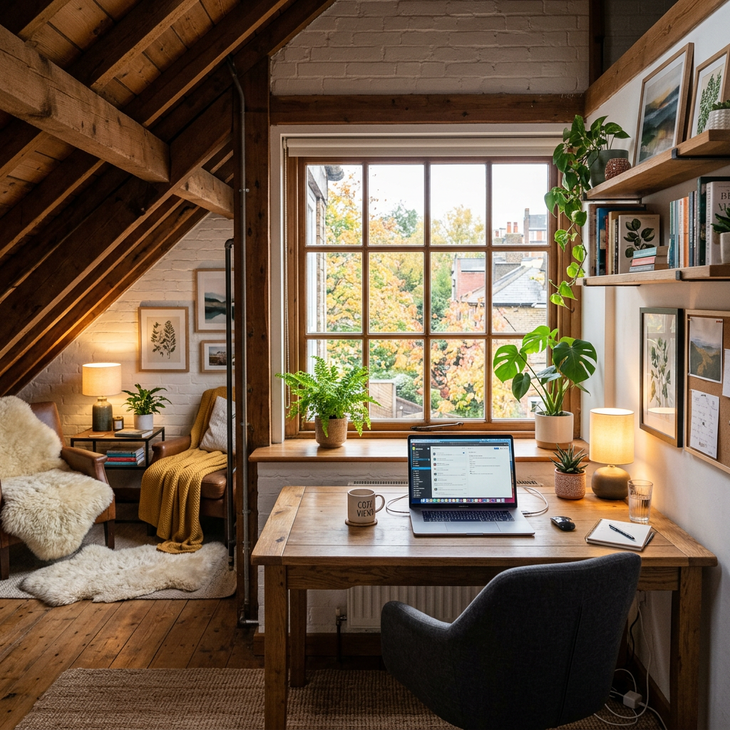 Attic home office with wooden desk, laptop, plants, and cozy reading nook