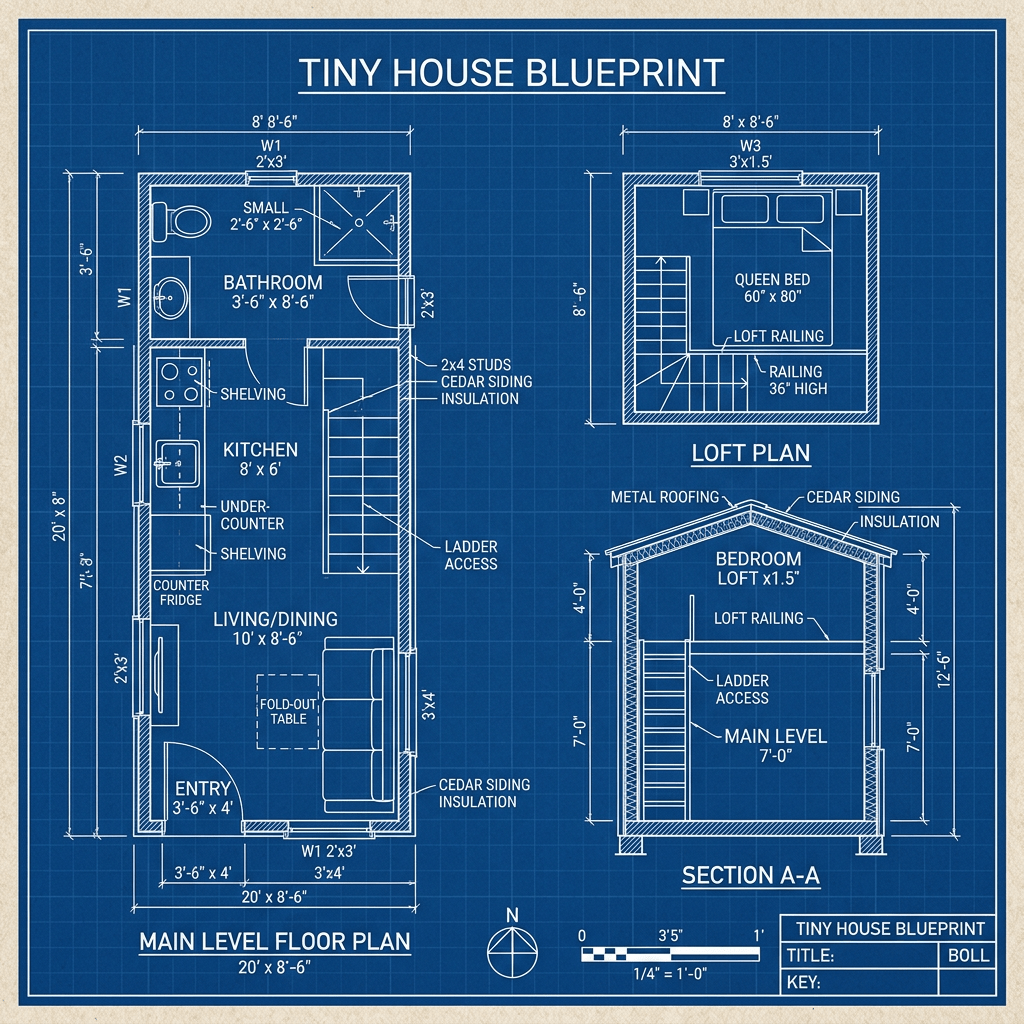 Blueprint of a tiny house with main level floor plan, loft plan, and cross-section details