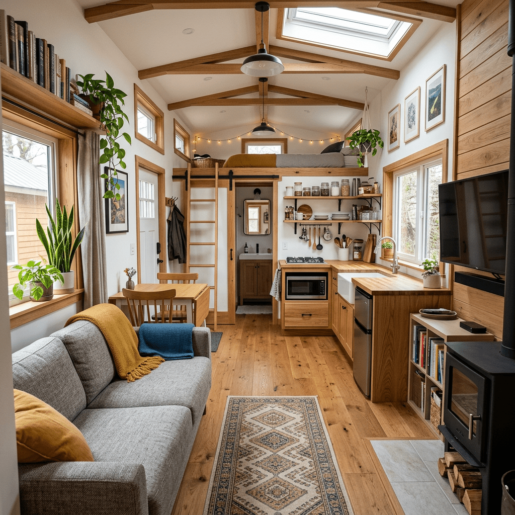Tiny home interior with living area, kitchen, loft bed, and wooden accents