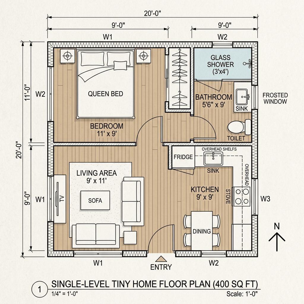 Floor plan of 400 sq ft tiny home with bedroom, living area, kitchen, and bathroom