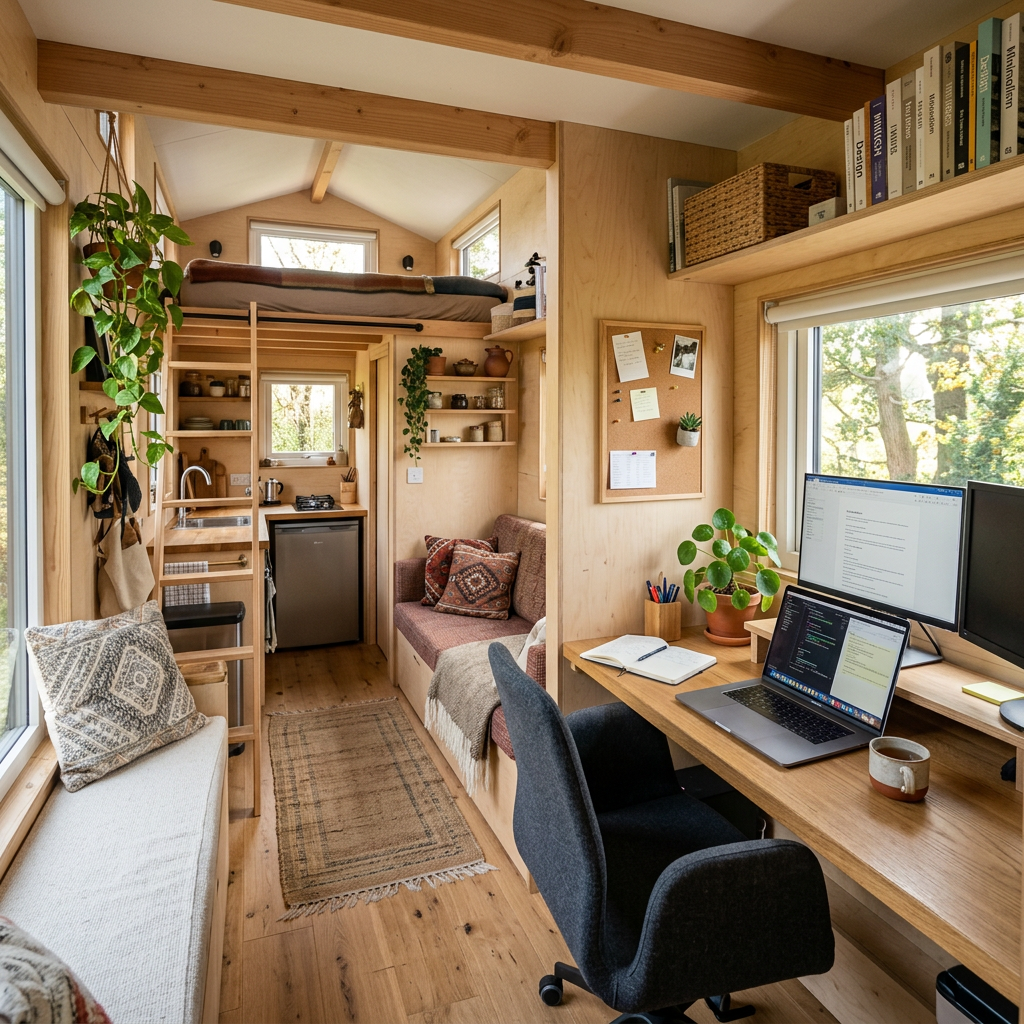 Interior of a tiny house featuring a workspace with dual monitors, a kitchen area, loft bed, and seating areas