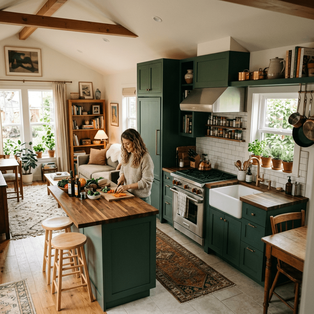Woman chopping vegetables on wooden island in green kitchen with stainless steel stove and farmhouse sink