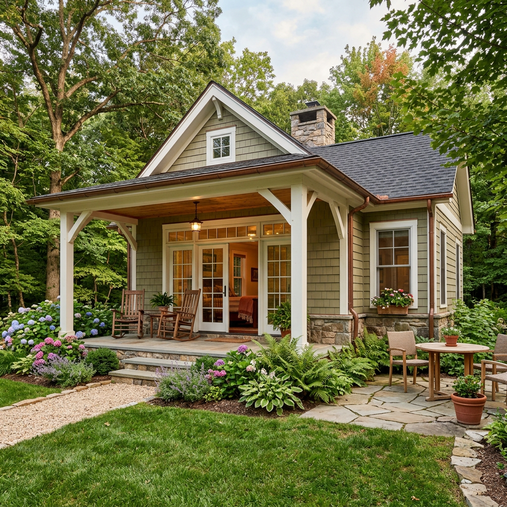Small cottage porch with wooden rocking chairs, potted plants, and greenery