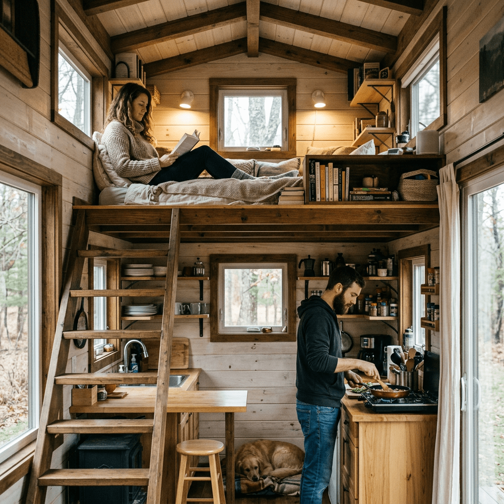 Man cooking at a compact kitchen while woman reads book on loft bed in tiny house