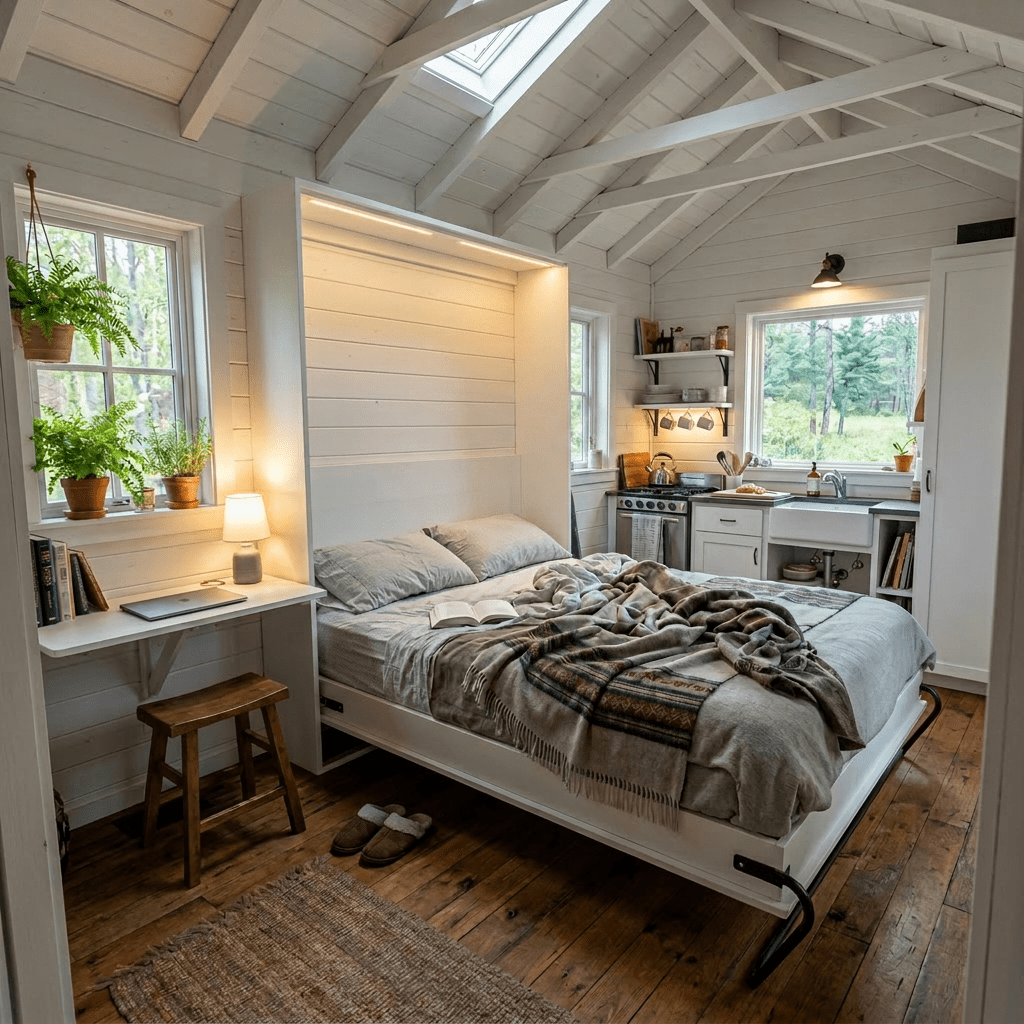 Rustic cabin interior featuring a bed, wooden desk, plants, and a small kitchen area with a window view