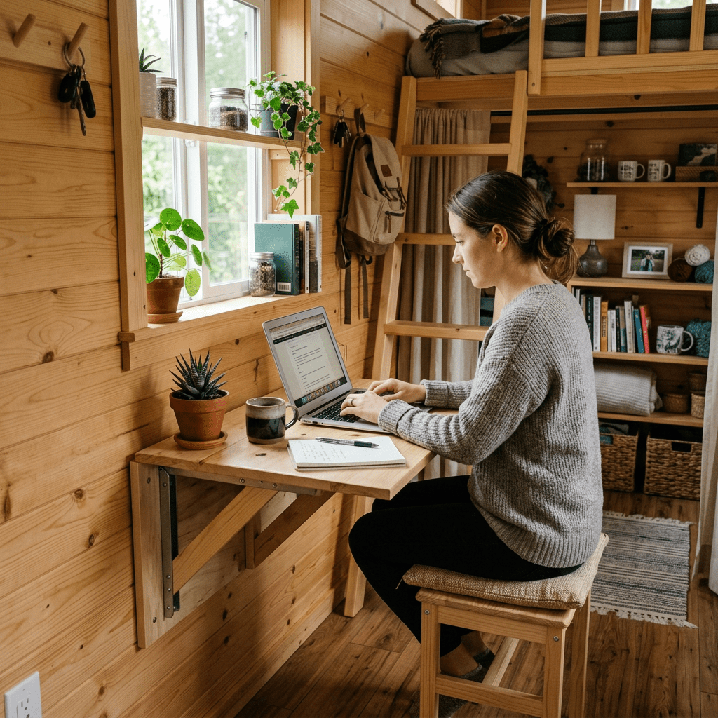 Woman working on laptop at small wooden desk in wooden-paneled room with plants and books