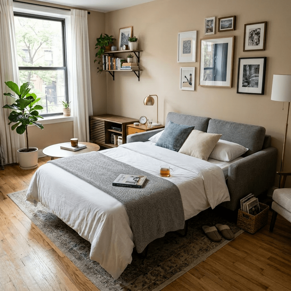 Bedroom with gray upholstered bed, white bedding, framed pictures on beige wall, wooden floor, potted plants, and a TV on cabinet