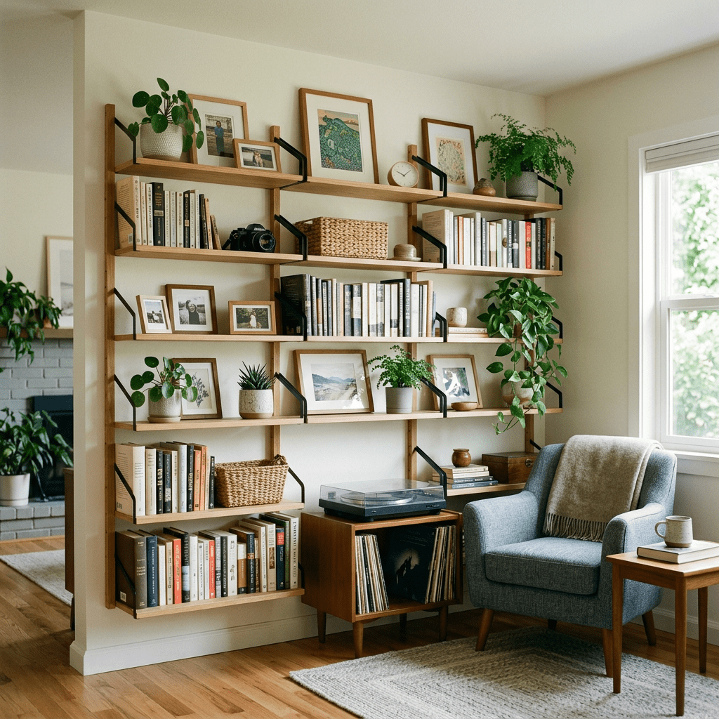 Wooden wall-mounted shelves filled with books, plants, framed photos, and decorative items next to a blue armchair and small table by a window