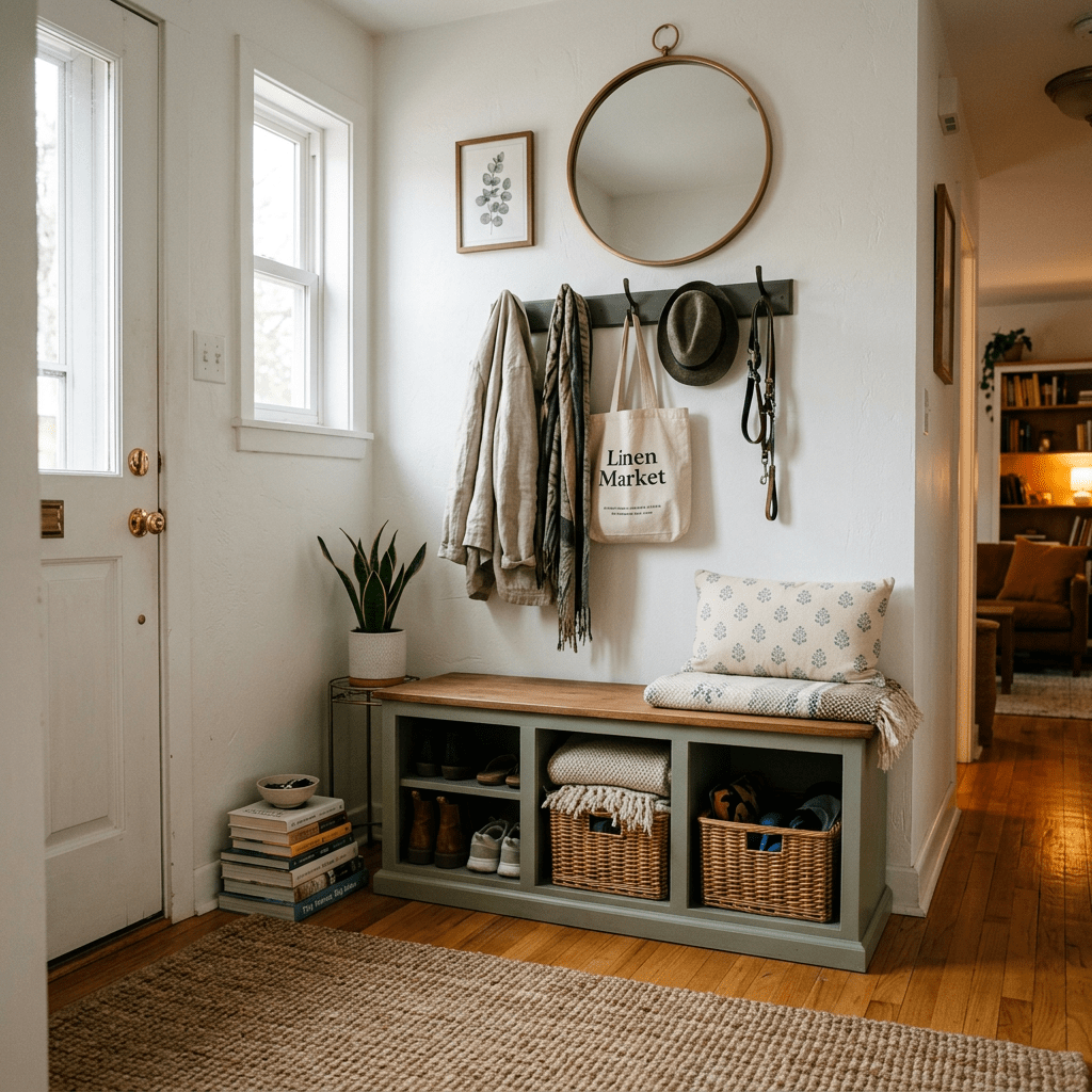 Entryway with bench, hanging coats, hats, tote bag, and mirror
