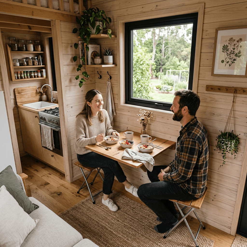 Couple sitting at a wooden table eating breakfast in a small, bright kitchen with wooden walls.