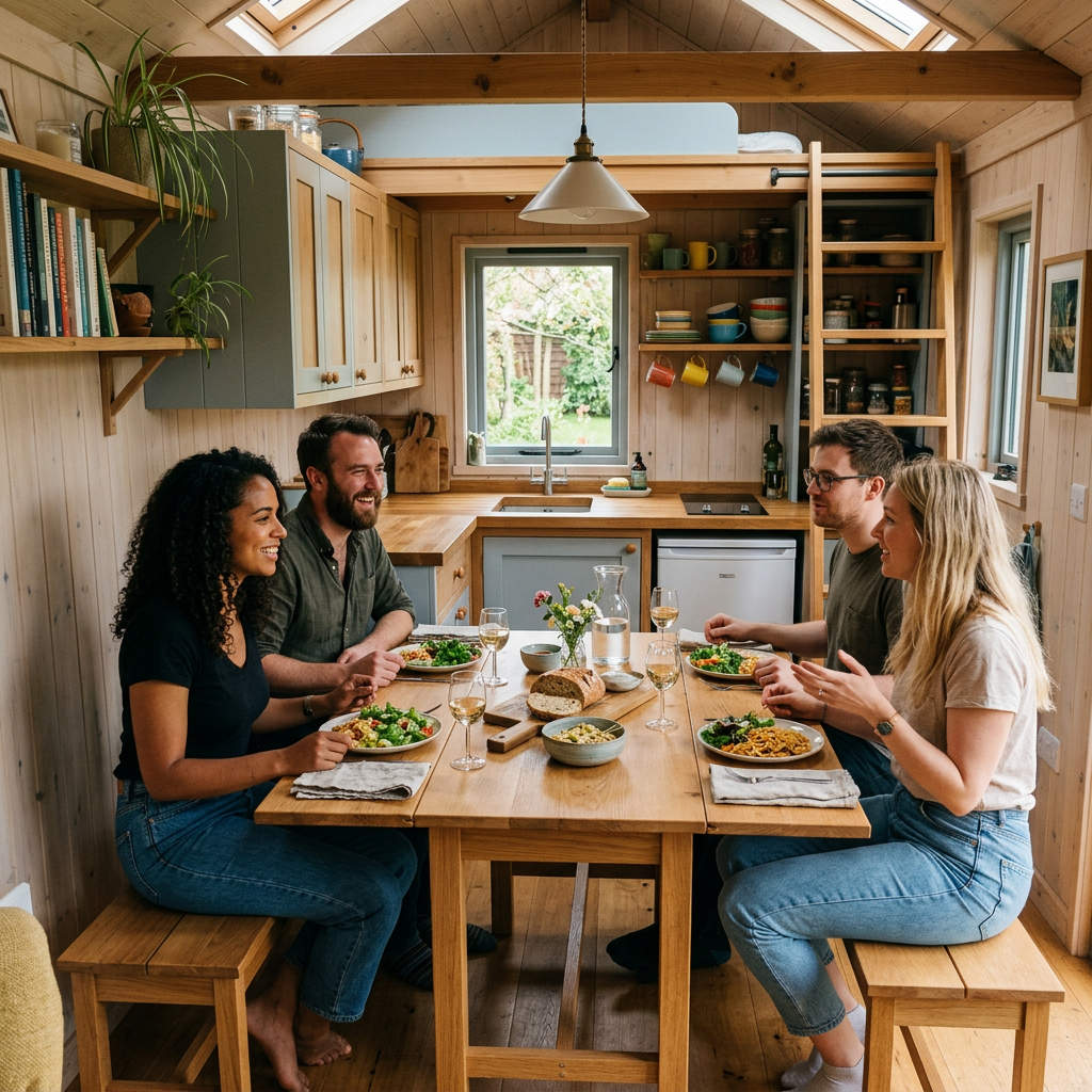 Four people sitting at a wooden table eating and talking in a small kitchen