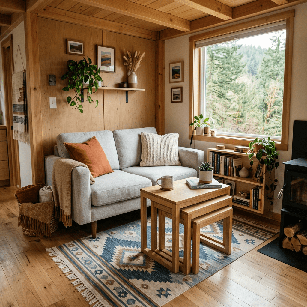 Cozy living room with gray sofa, wooden nesting tables, plants, books, and a large window showing forest trees