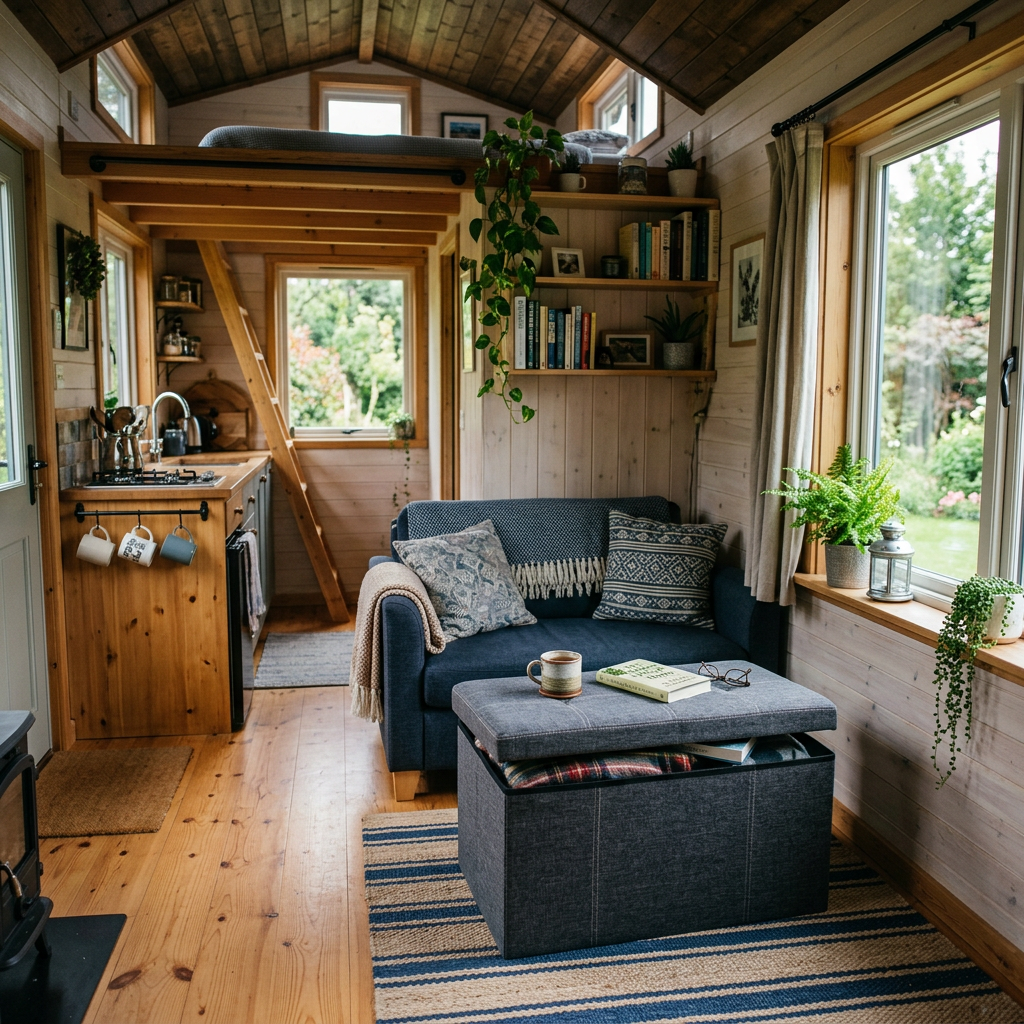 Tiny house living room with storage ottoman